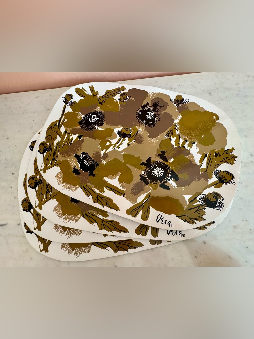 Vintage Vera Neumann Vinyl Placemats, Olive/Brown/Black Poppy Design Set of 4
